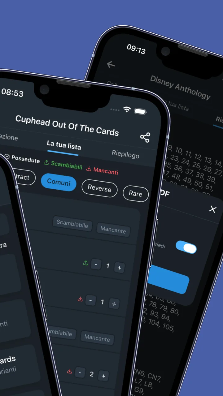 Schermata dell'app: lista con carte scambiabili e mancanti