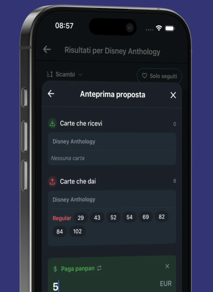 Schermata dell'app: anteprima di una proposta di scambio