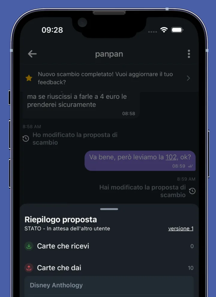 Schermata dell'app: trattativa in chat con riepilogo della proposta