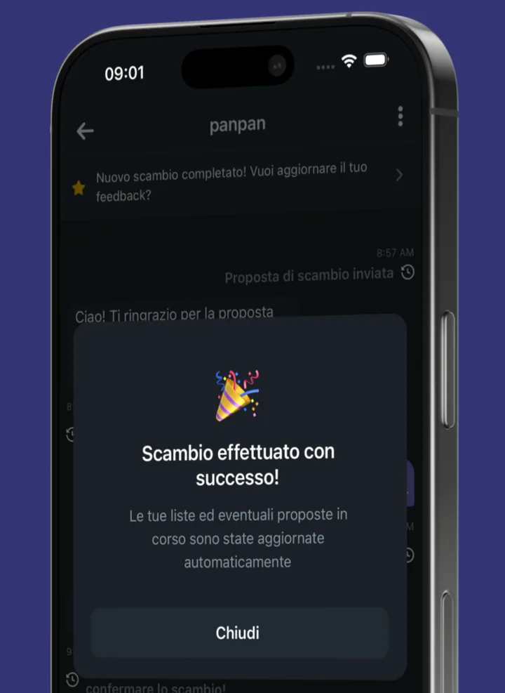 Schermata dell'app: conferma di scambio effettuato con aggiornamento automatico